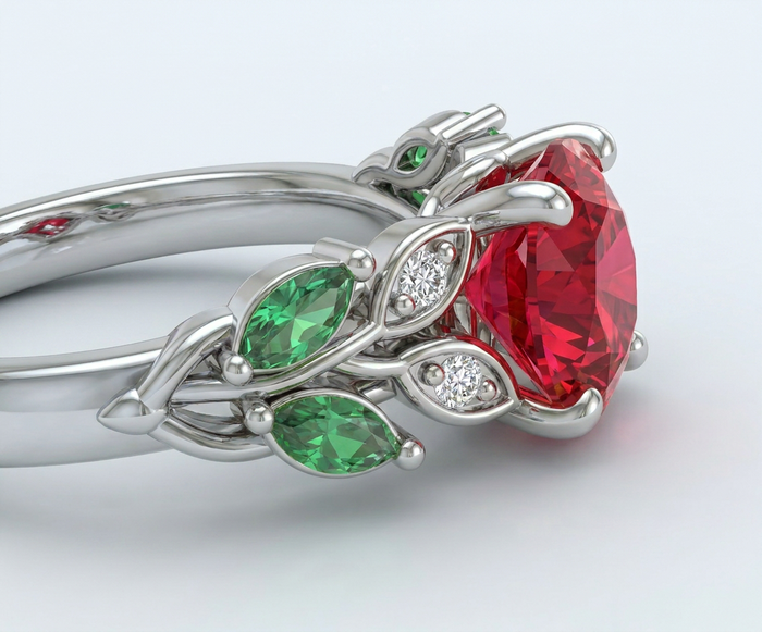 Rosa Eterna · Anillo con rubí, esmeralda y diamante en plata 925 — SilverShine (vista 3)