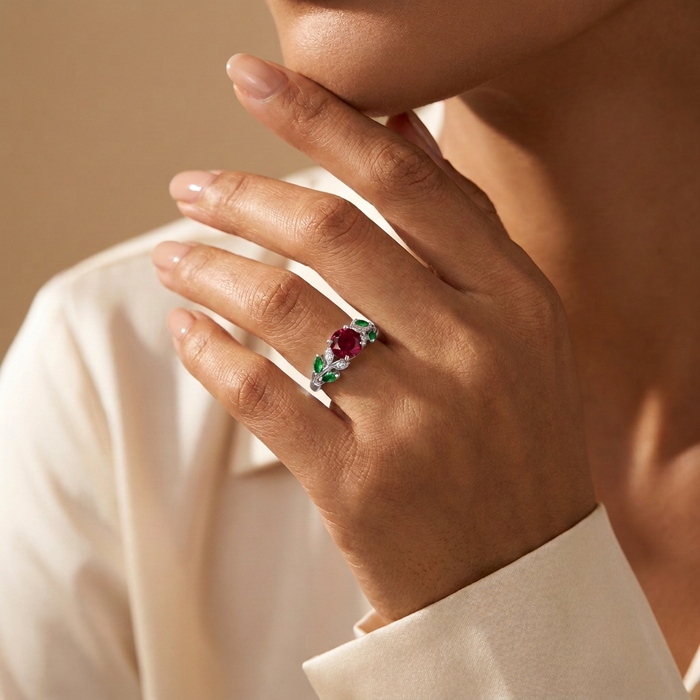 Rosa Eterna · Anillo con rubí, esmeralda y diamante en plata 925 — SilverShine (vista 7)
