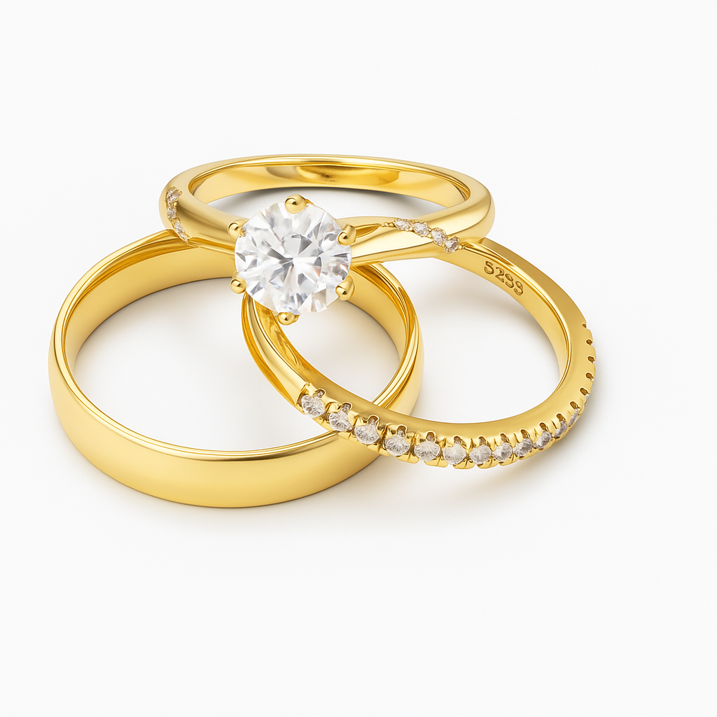 Trio de boda luz del corazon - Bañado en oro  vermeil 18K