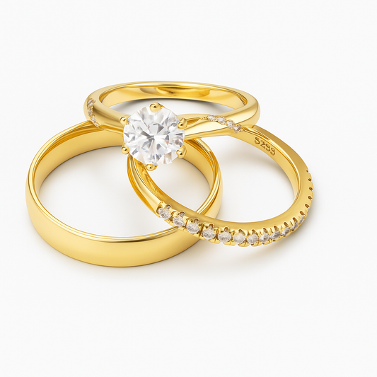 Trio de boda con piedra Moissanita de 1CT - Oro Solido