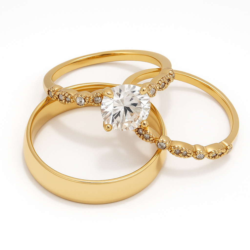 Trio de boda Eco de ternura con piedra mosanita - Bañado en oro vermeil 18K