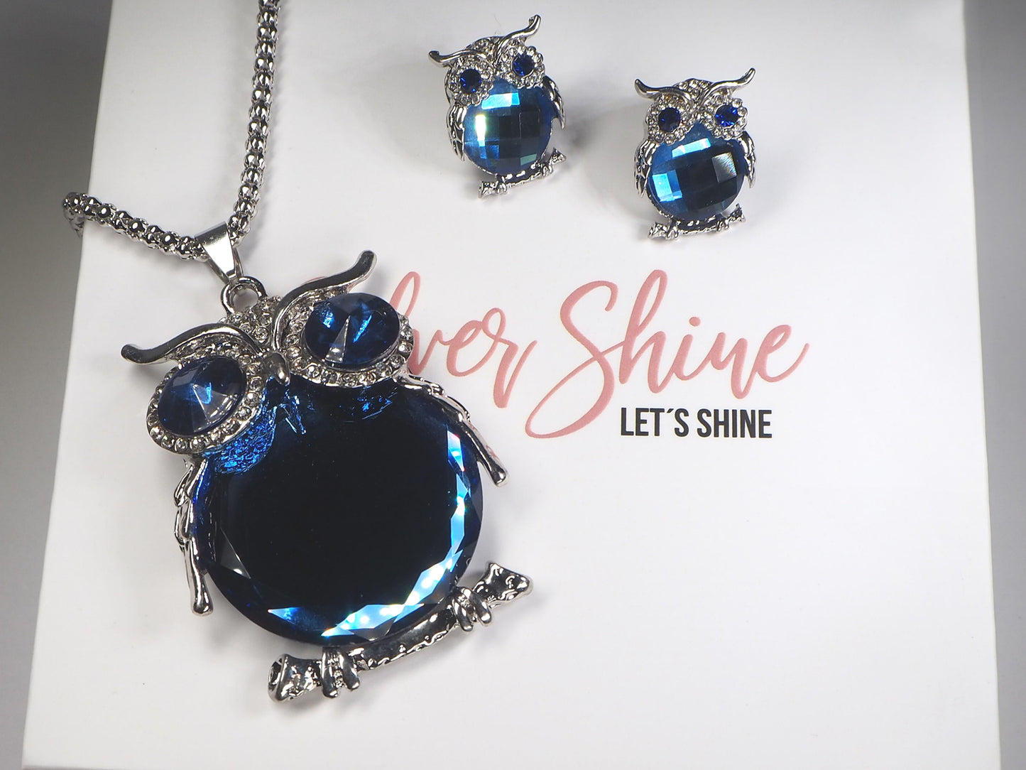 Blue Moon Owl Necklace and Earrings