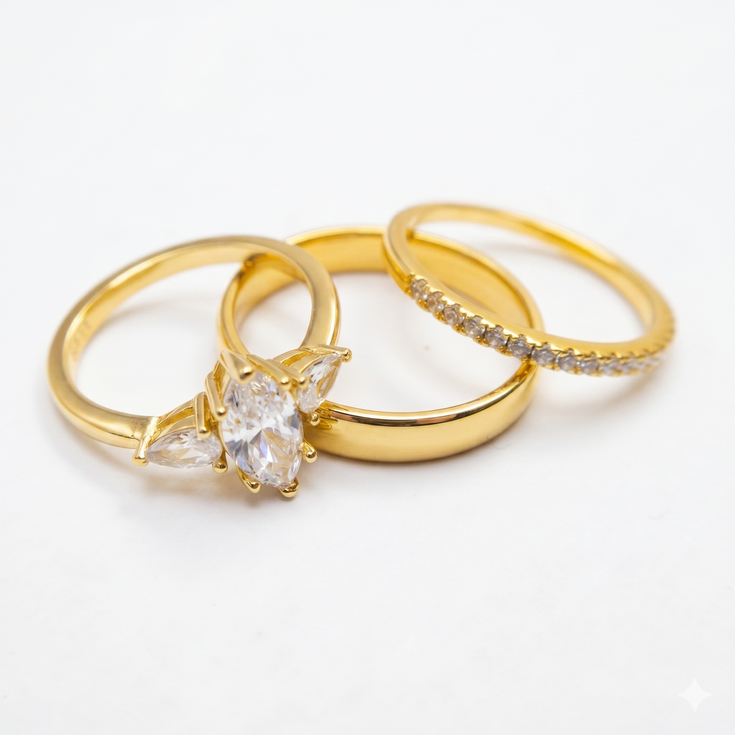 Trío de Boda Trinidad de Amor — Set Completo en Vermeil de Oro con Zirconia