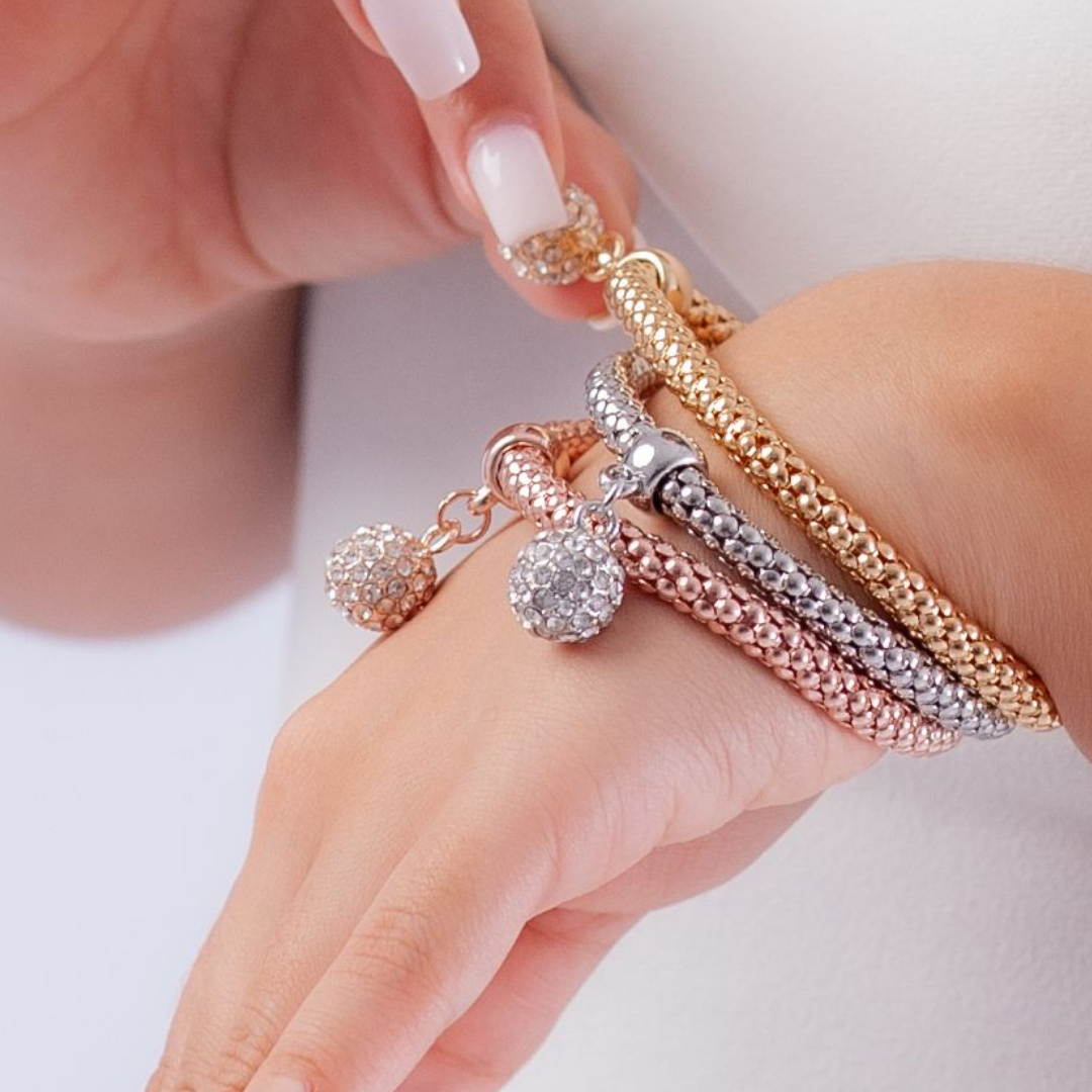 Set of Sparkling Charm Bracelets – Gold, Rose Gold, and Silver Elegance