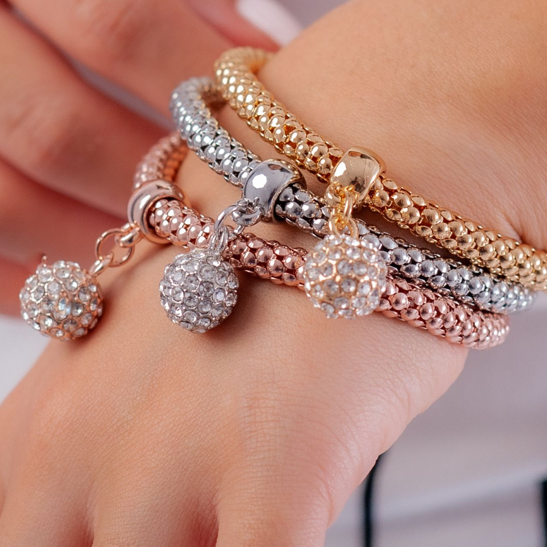 Set of Sparkling Charm Bracelets – Gold, Rose Gold, and Silver Elegance