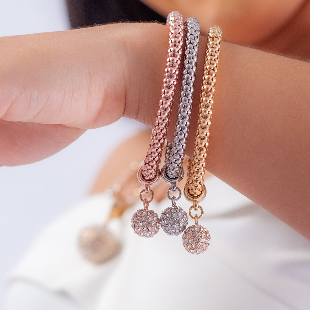 Set of Sparkling Charm Bracelets – Gold, Rose Gold, and Silver Elegance