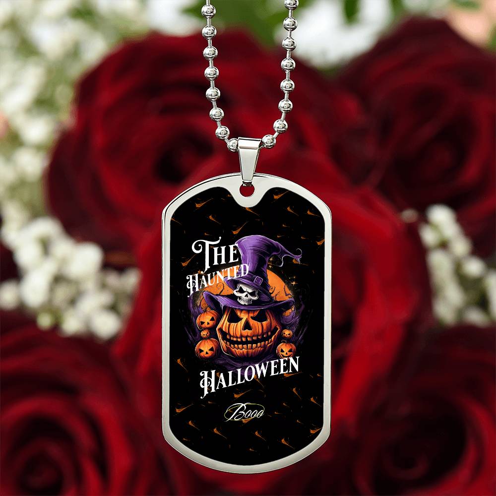 Haunted Halloween Dog Tag Necklace – Spooky Pumpkin and Skull Pendant, Perfect for Halloween, Halloween party