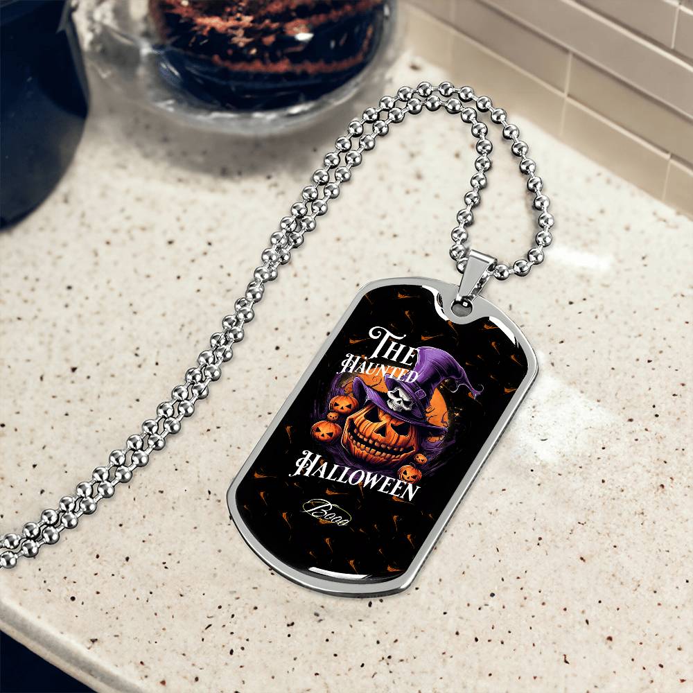 Haunted Halloween Dog Tag Necklace – Spooky Pumpkin and Skull Pendant, Perfect for Halloween, Halloween party