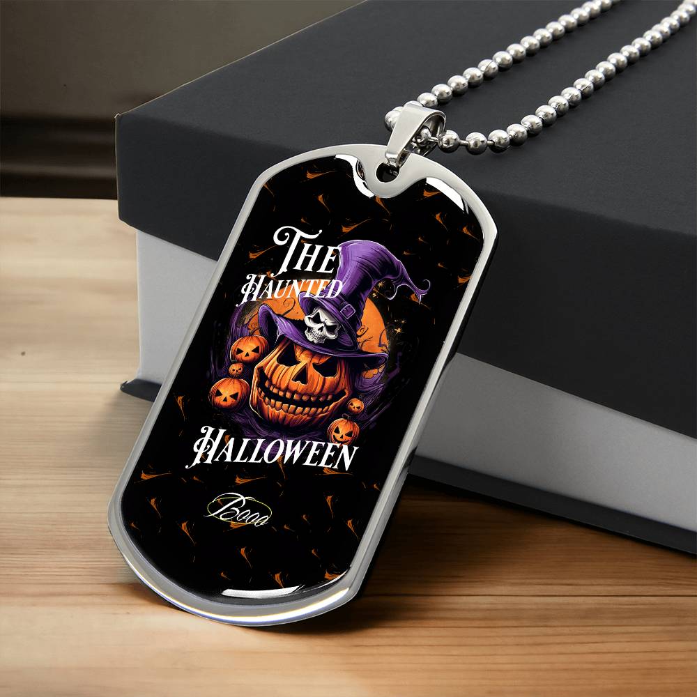 Haunted Halloween Dog Tag Necklace – Spooky Pumpkin and Skull Pendant, Perfect for Halloween, Halloween party