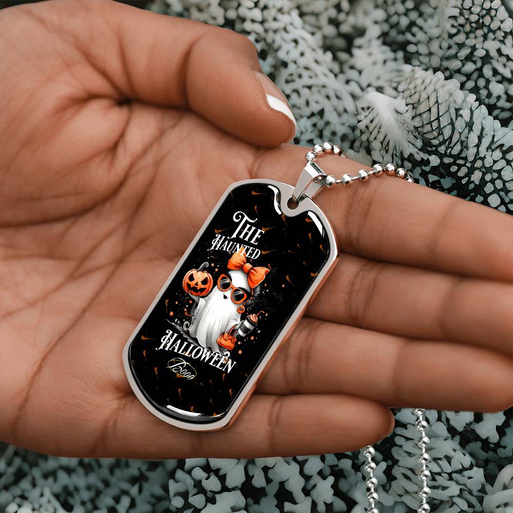 Cute ghost Haunted Halloween Dog Tag Necklace – Spooky Pumpkin and Skull Pendant, Perfect for Halloween, Halloween party, Happy Haunting!