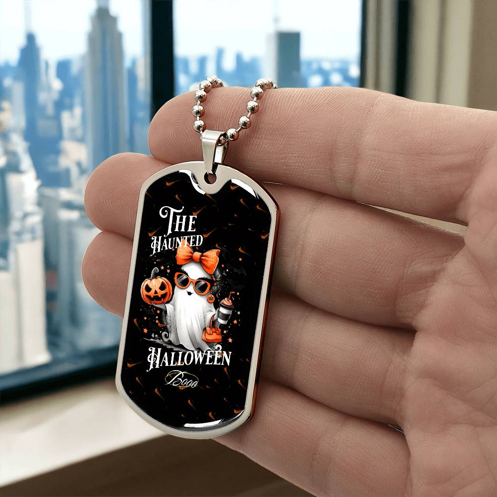 Cute ghost Haunted Halloween Dog Tag Necklace – Spooky Pumpkin and Skull Pendant, Perfect for Halloween, Halloween party, Happy Haunting!