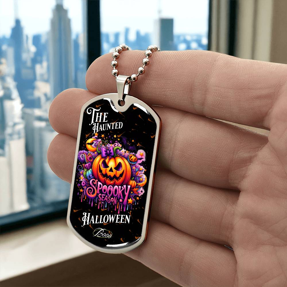 Haunted Halloween Dog Tag Necklace – Spooky Season Pumpkin Art, Perfect for Halloween, Halloween party, Happy Haunting!