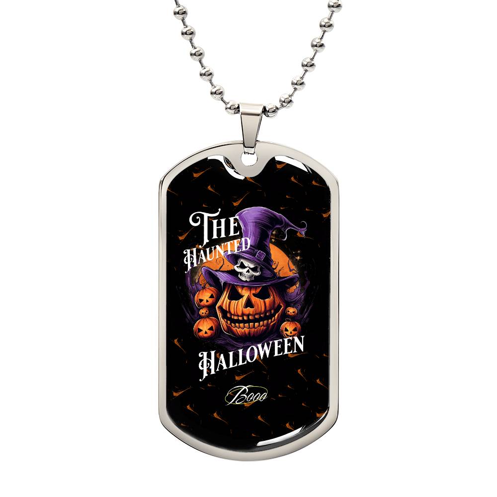 Haunted Halloween Dog Tag Necklace – Spooky Pumpkin and Skull Pendant, Perfect for Halloween, Halloween party