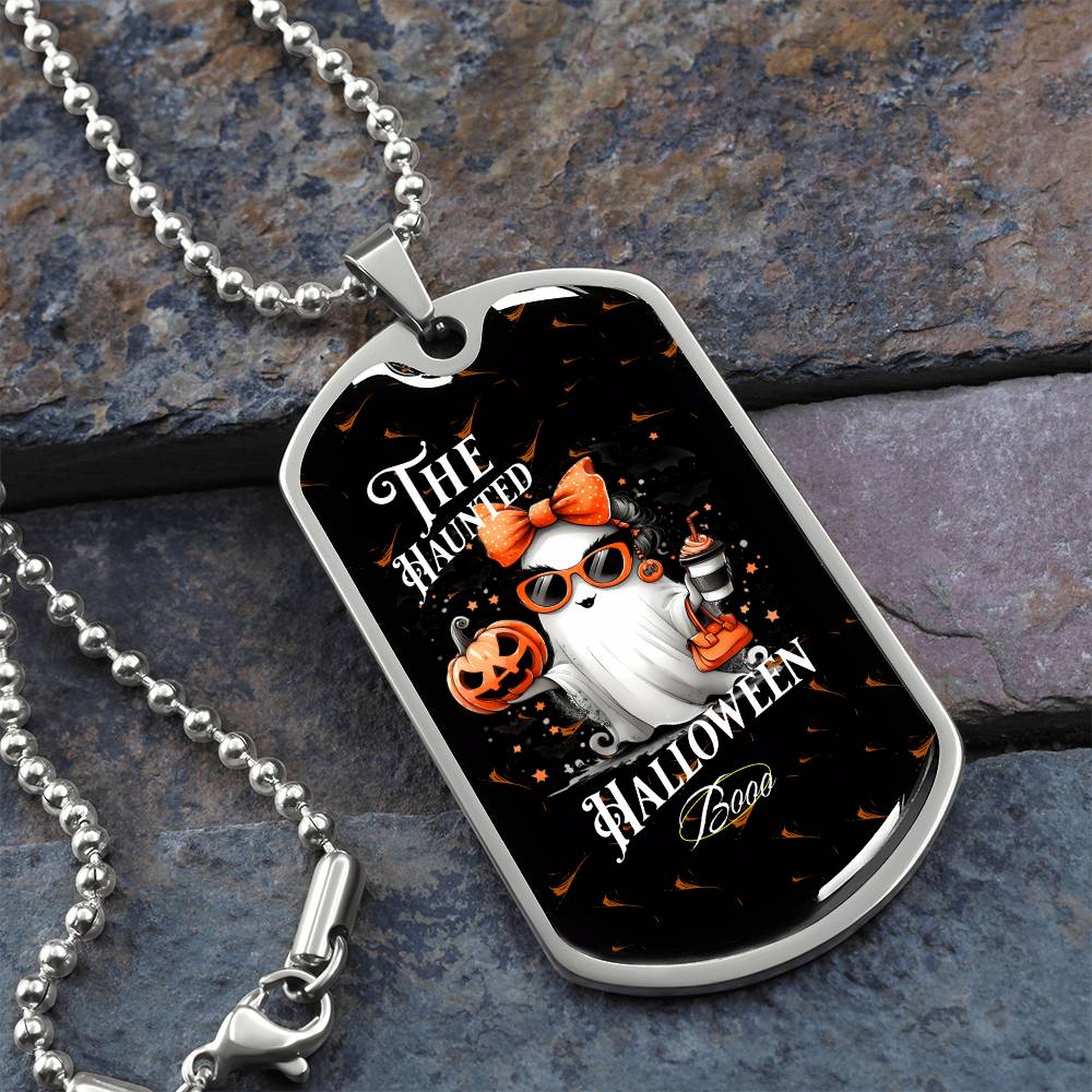 Cute ghost Haunted Halloween Dog Tag Necklace – Spooky Pumpkin and Skull Pendant, Perfect for Halloween, Halloween party, Happy Haunting!