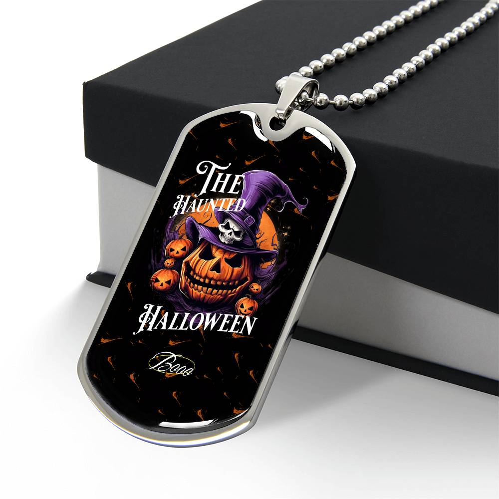 Haunted Halloween Dog Tag Necklace – Spooky Pumpkin and Skull Pendant, Perfect for Halloween, Halloween party