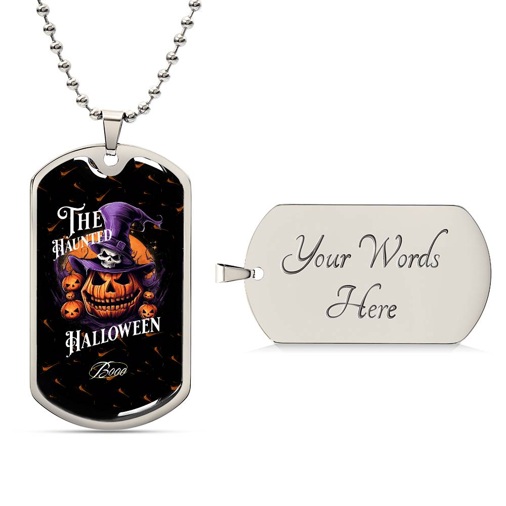 Haunted Halloween Dog Tag Necklace – Spooky Pumpkin and Skull Pendant, Perfect for Halloween, Halloween party