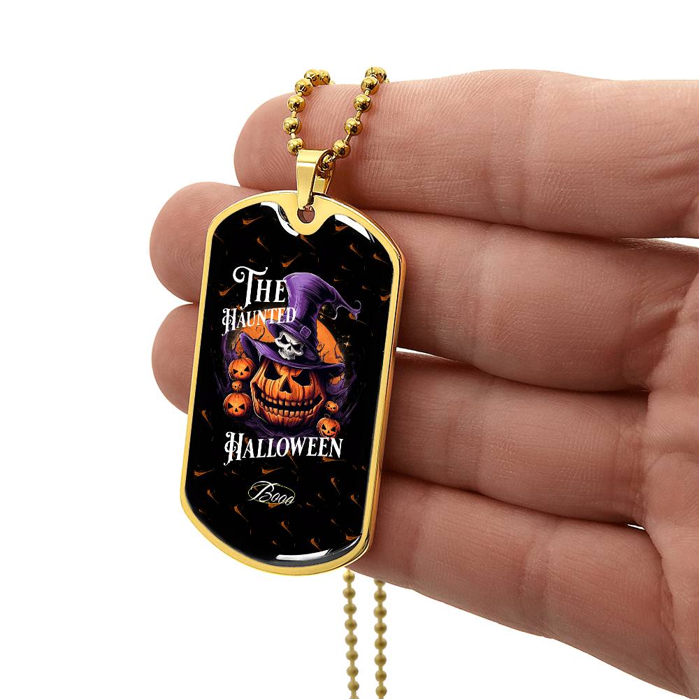 Haunted Halloween Dog Tag Necklace – Spooky Pumpkin and Skull Pendant, Perfect for Halloween, Halloween party