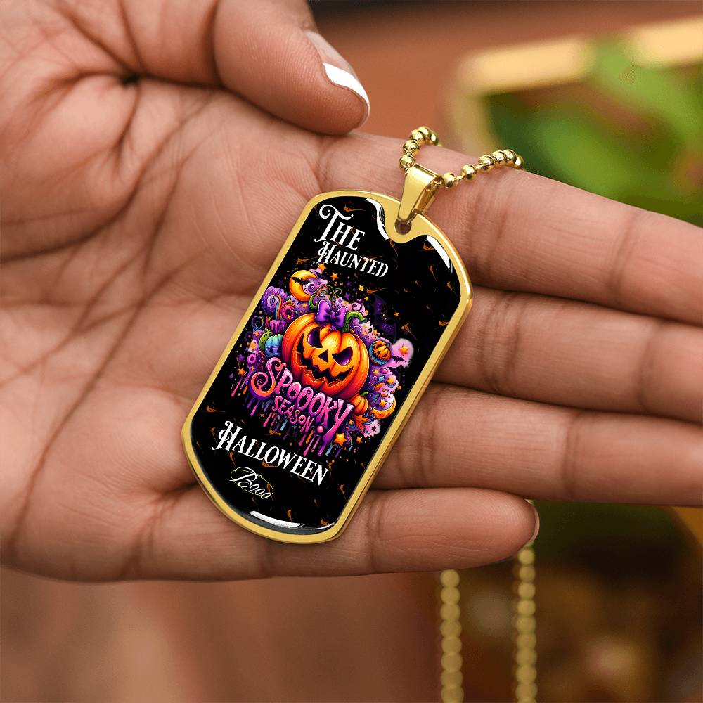 Haunted Halloween Dog Tag Necklace – Spooky Season Pumpkin Art, Perfect for Halloween, Halloween party, Happy Haunting!