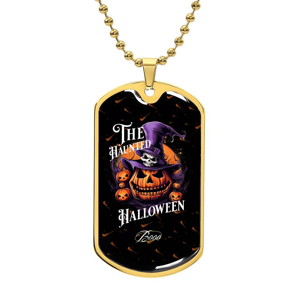 Haunted Halloween Dog Tag Necklace – Spooky Pumpkin and Skull Pendant, Perfect for Halloween, Halloween party