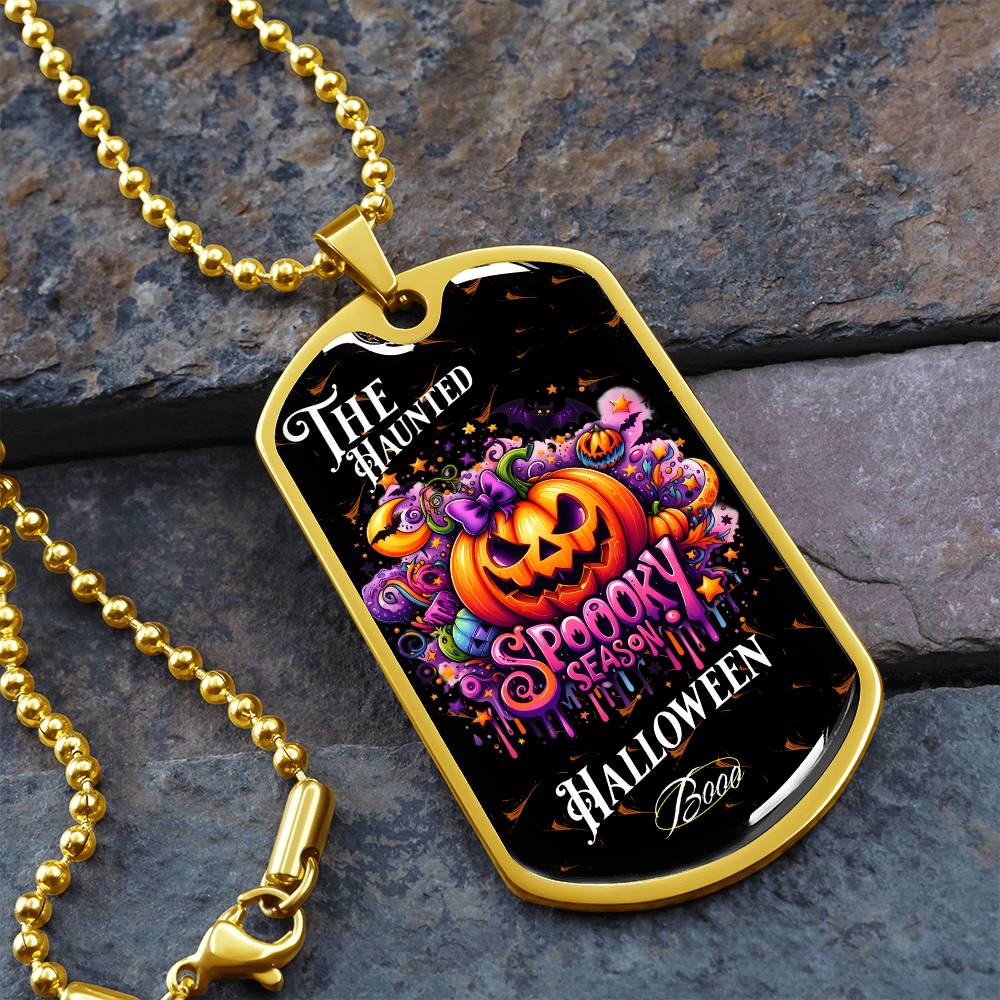 Haunted Halloween Dog Tag Necklace – Spooky Season Pumpkin Art, Perfect for Halloween, Halloween party, Happy Haunting!