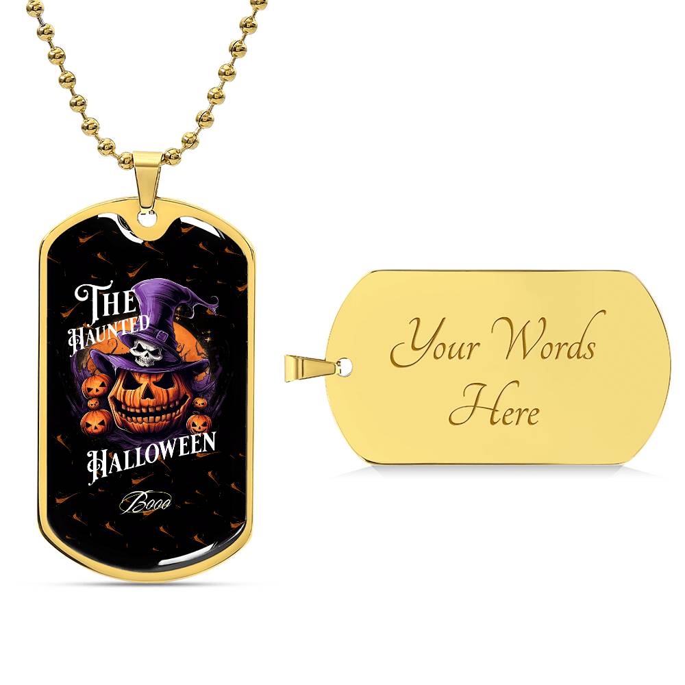 Haunted Halloween Dog Tag Necklace – Spooky Pumpkin and Skull Pendant, Perfect for Halloween, Halloween party