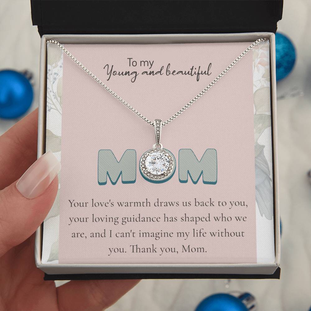 To My Young and beautiful Mom Necklace – Elegant Silver Pendant with Loving Message, Ideal Mother Gift, Gift for Mom | Mom Jewelry, charm.