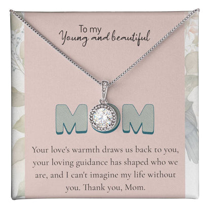 To My Young and beautiful Mom Necklace – Elegant Silver Pendant with Loving Message, Ideal Mother Gift, Gift for Mom | Mom Jewelry, charm.