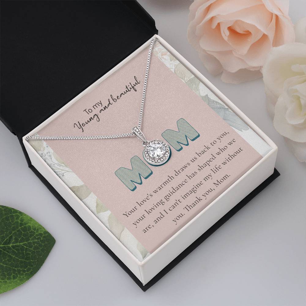 To My Young and beautiful Mom Necklace – Elegant Silver Pendant with Loving Message, Ideal Mother Gift, Gift for Mom | Mom Jewelry, charm.