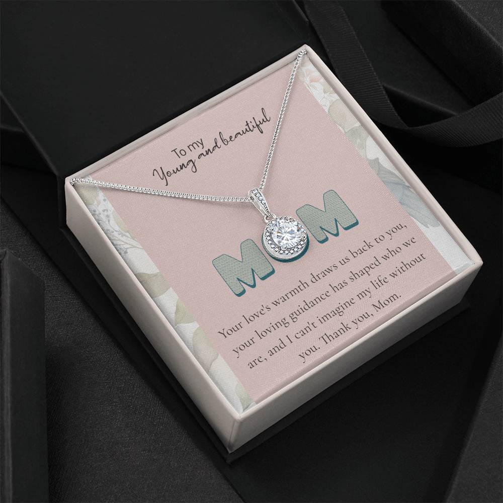 To My Young and beautiful Mom Necklace – Elegant Silver Pendant with Loving Message, Ideal Mother Gift, Gift for Mom | Mom Jewelry, charm.