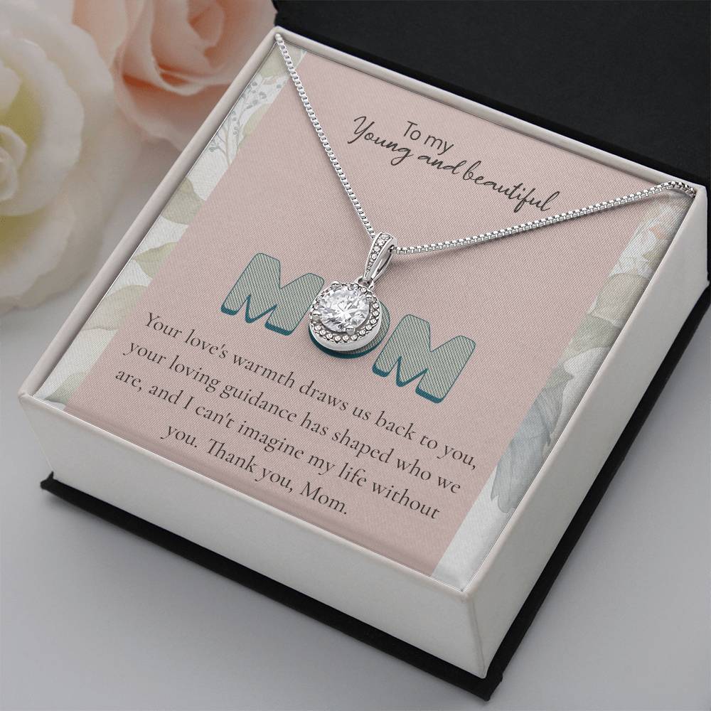 To My Young and beautiful Mom Necklace – Elegant Silver Pendant with Loving Message, Ideal Mother Gift, Gift for Mom | Mom Jewelry, charm.