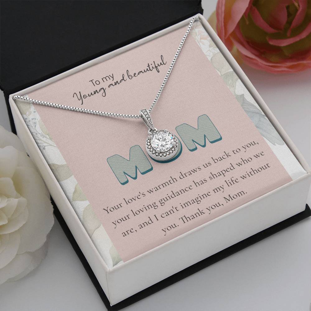 To My Young and beautiful Mom Necklace – Elegant Silver Pendant with Loving Message, Ideal Mother Gift, Gift for Mom | Mom Jewelry, charm.