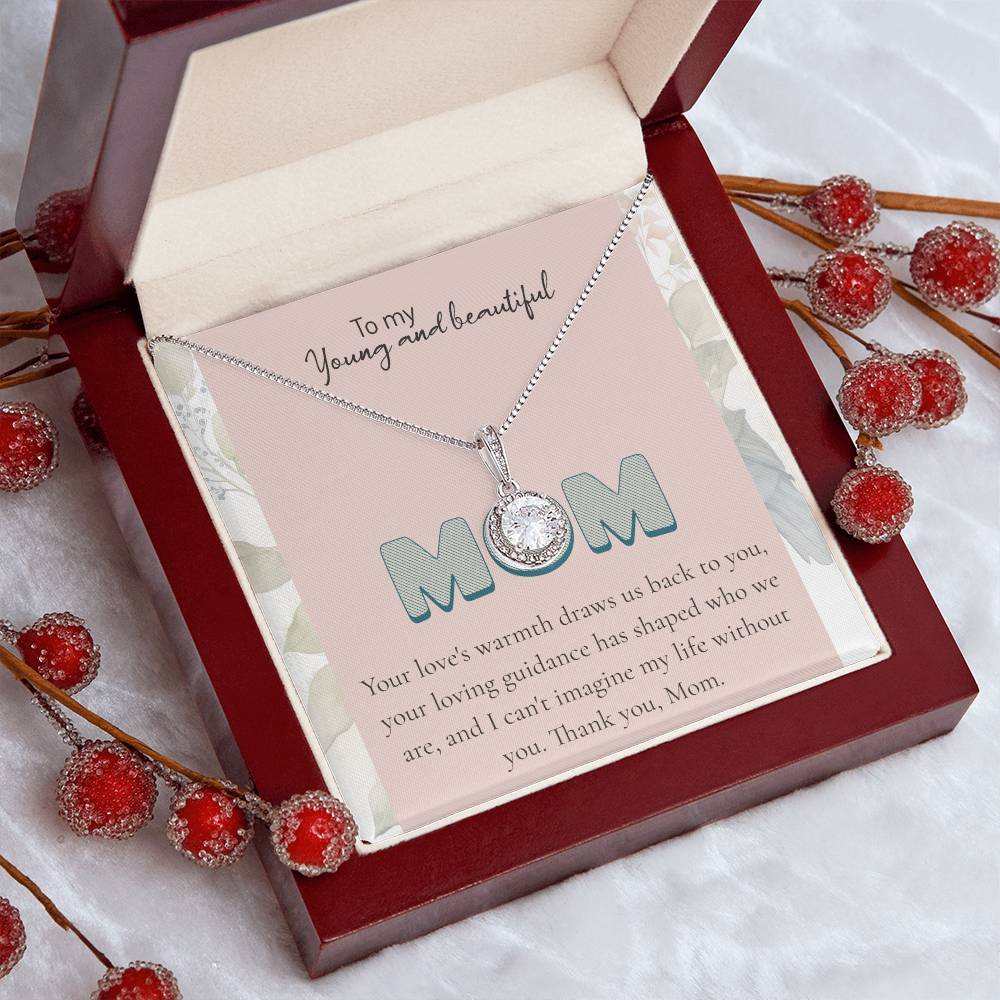 To My Young and beautiful Mom Necklace – Elegant Silver Pendant with Loving Message, Ideal Mother Gift, Gift for Mom | Mom Jewelry, charm.