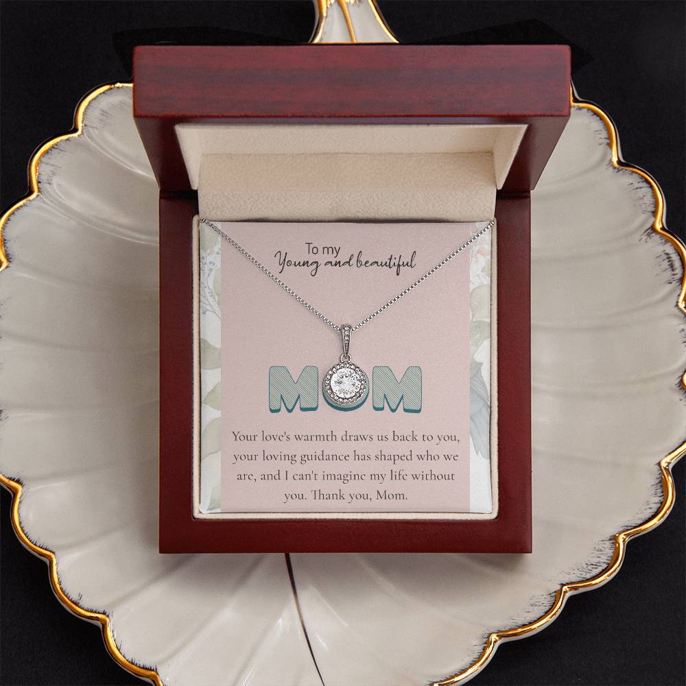 To My Young and beautiful Mom Necklace – Elegant Silver Pendant with Loving Message, Ideal Mother Gift, Gift for Mom | Mom Jewelry, charm.