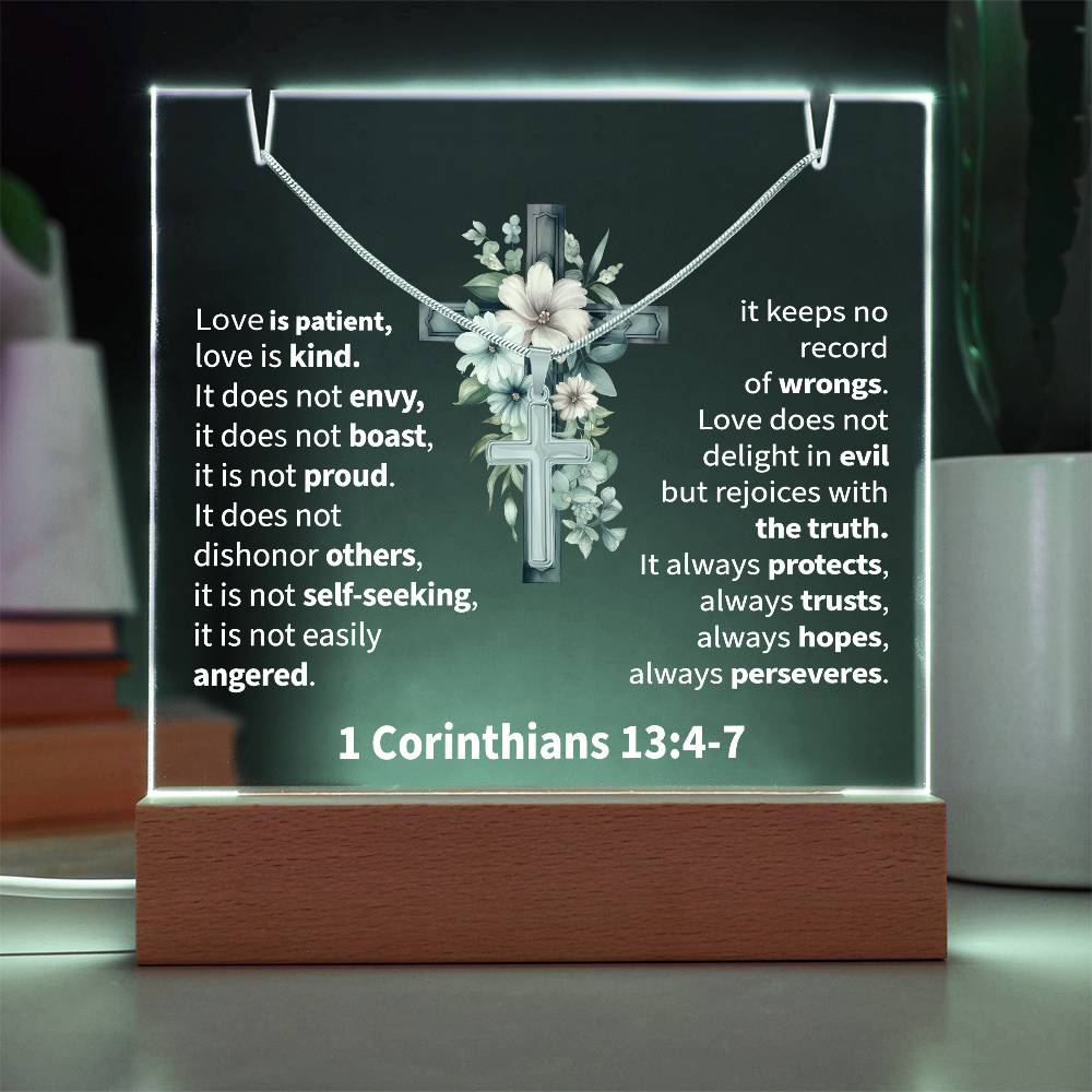 Inspirational Acrylic Plaque with Cross Necklace - 1 Corinthians 13:4-7