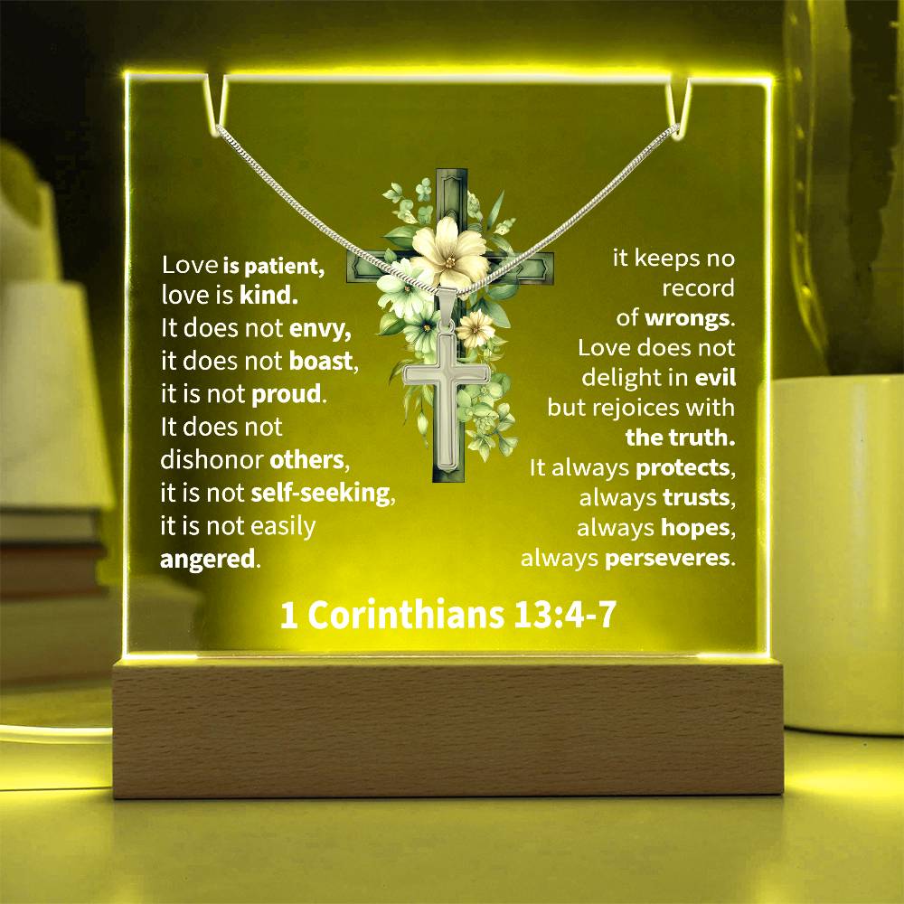 Inspirational Acrylic Plaque with Cross Necklace - 1 Corinthians 13:4-7