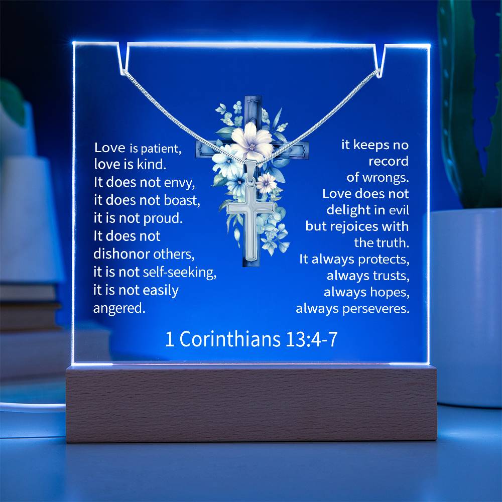 Inspirational Acrylic Plaque with Cross Necklace - 1 Corinthians 13:4-7