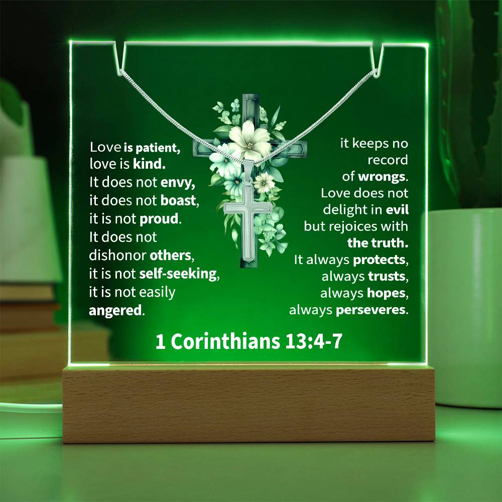 Inspirational Acrylic Plaque with Cross Necklace - 1 Corinthians 13:4-7