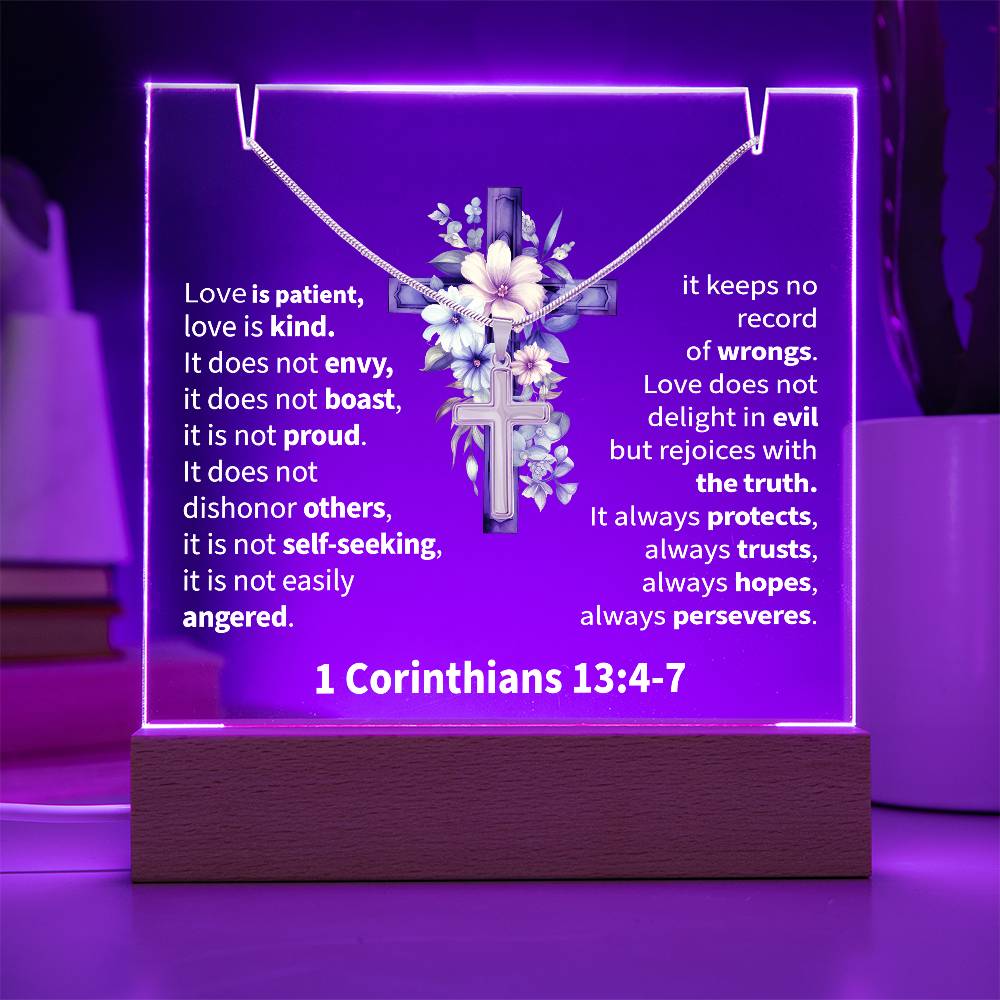 Inspirational Acrylic Plaque with Cross Necklace - 1 Corinthians 13:4-7