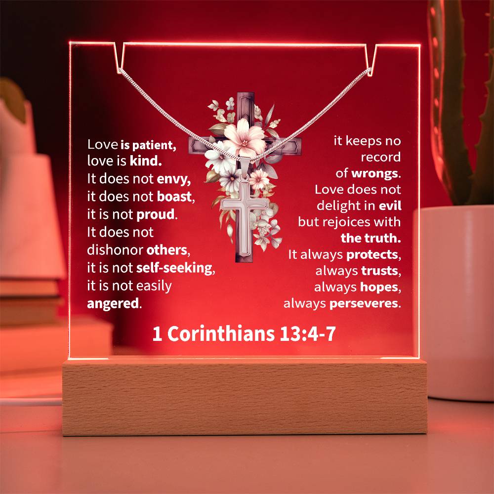 Inspirational Acrylic Plaque with Cross Necklace - 1 Corinthians 13:4-7