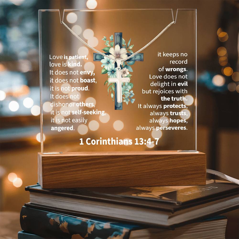 Inspirational Acrylic Plaque with Cross Necklace - 1 Corinthians 13:4-7