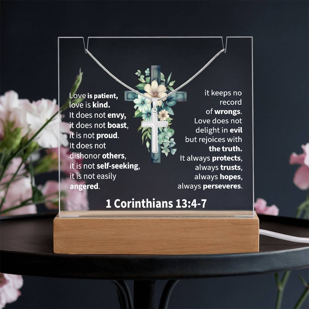 Inspirational Acrylic Plaque with Cross Necklace - 1 Corinthians 13:4-7