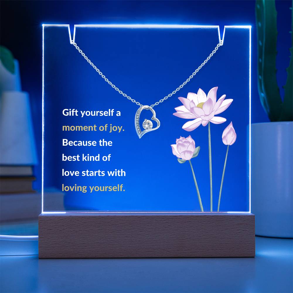 Self-Love Acrylic Plaque with Heart Necklace - "Gift Yourself a Moment of Joy