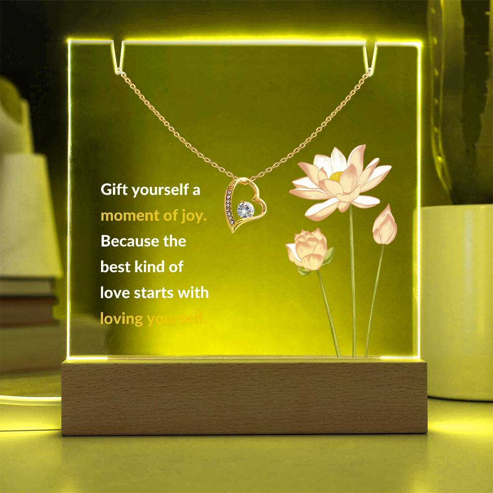 Self-Love Acrylic Plaque with Heart Necklace - "Gift Yourself a Moment of Joy