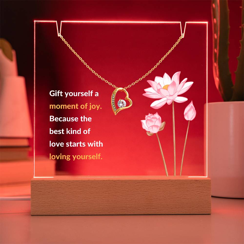 Self-Love Acrylic Plaque with Heart Necklace - "Gift Yourself a Moment of Joy