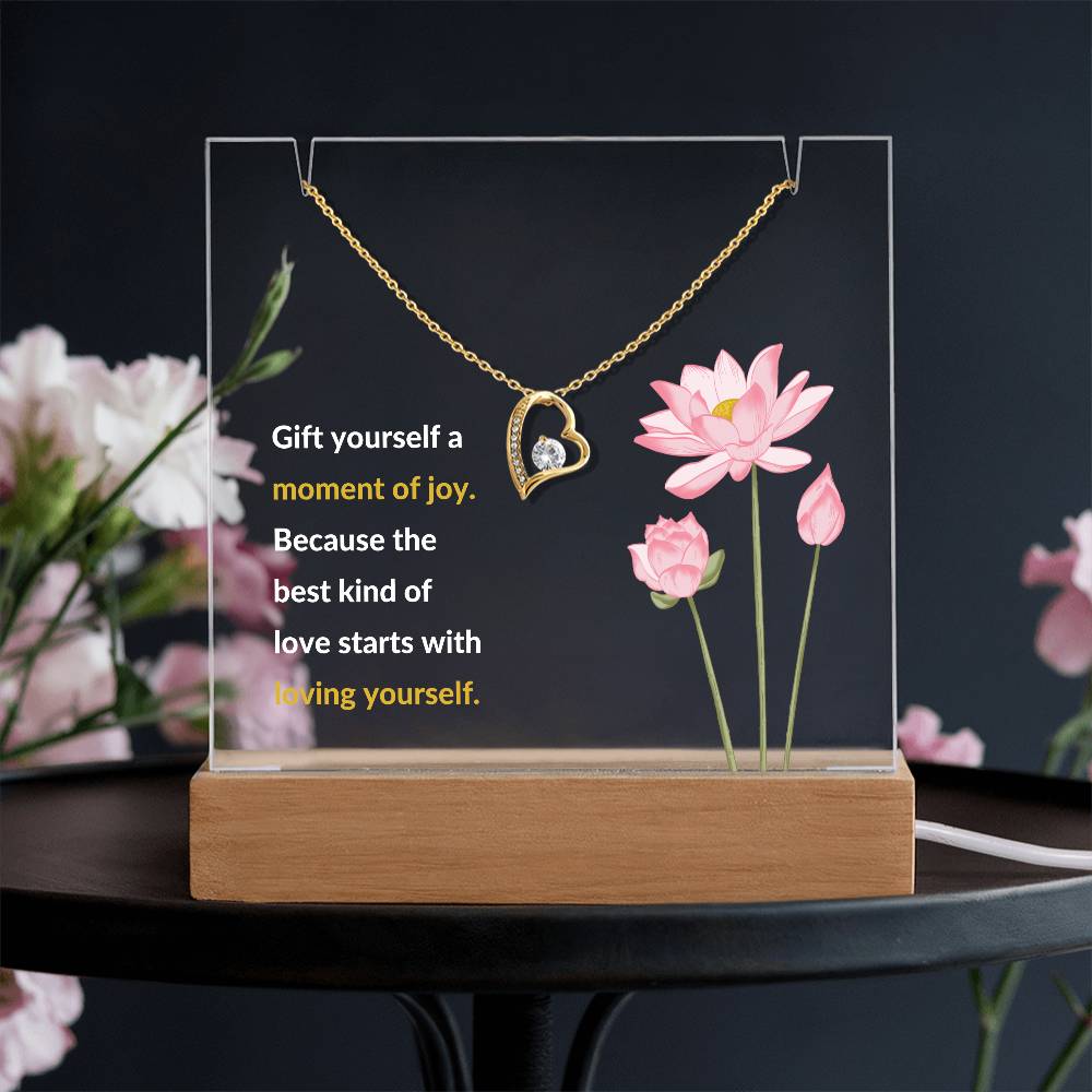 Self-Love Acrylic Plaque with Heart Necklace - "Gift Yourself a Moment of Joy