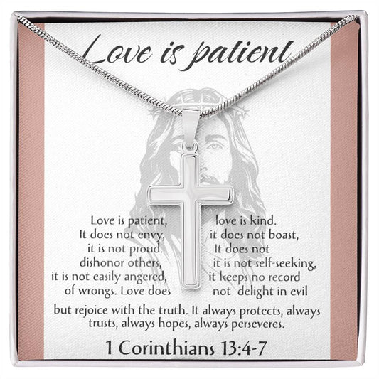 Love is Patient Cross Necklace, Faith Pendant, Christian Gift, Biblical Jewelry, Scripture Chain, Spiritual Keepsake, Devotion Token