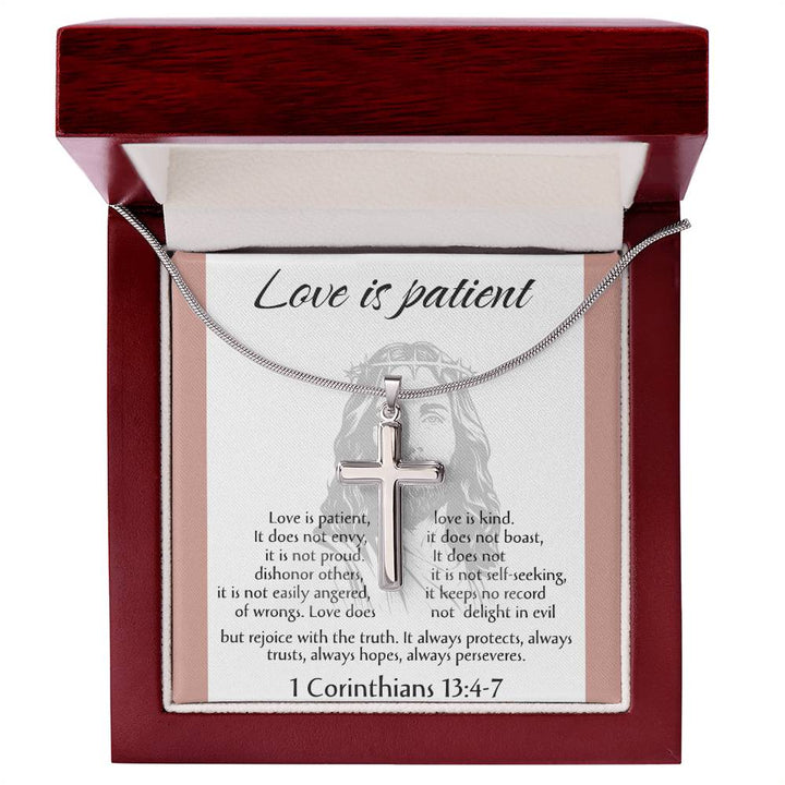 Love is Patient Cross Necklace, Faith Pendant, Christian Gift, Biblical Jewelry, Scripture Chain, Spiritual Keepsake, Devotion Token