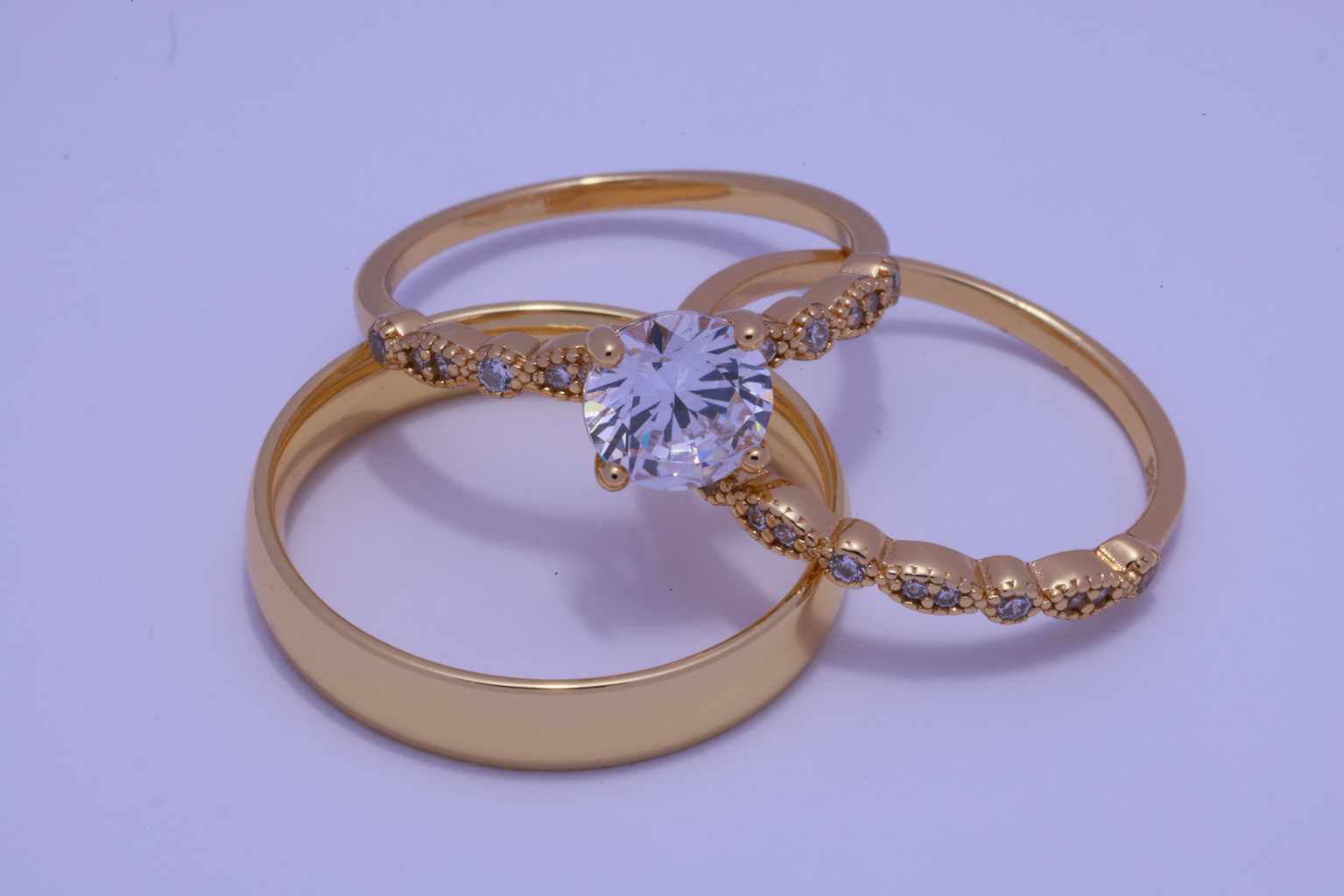 Trio de boda Eco de ternura con piedra mosanita - Bañado en oro vermeil 18K