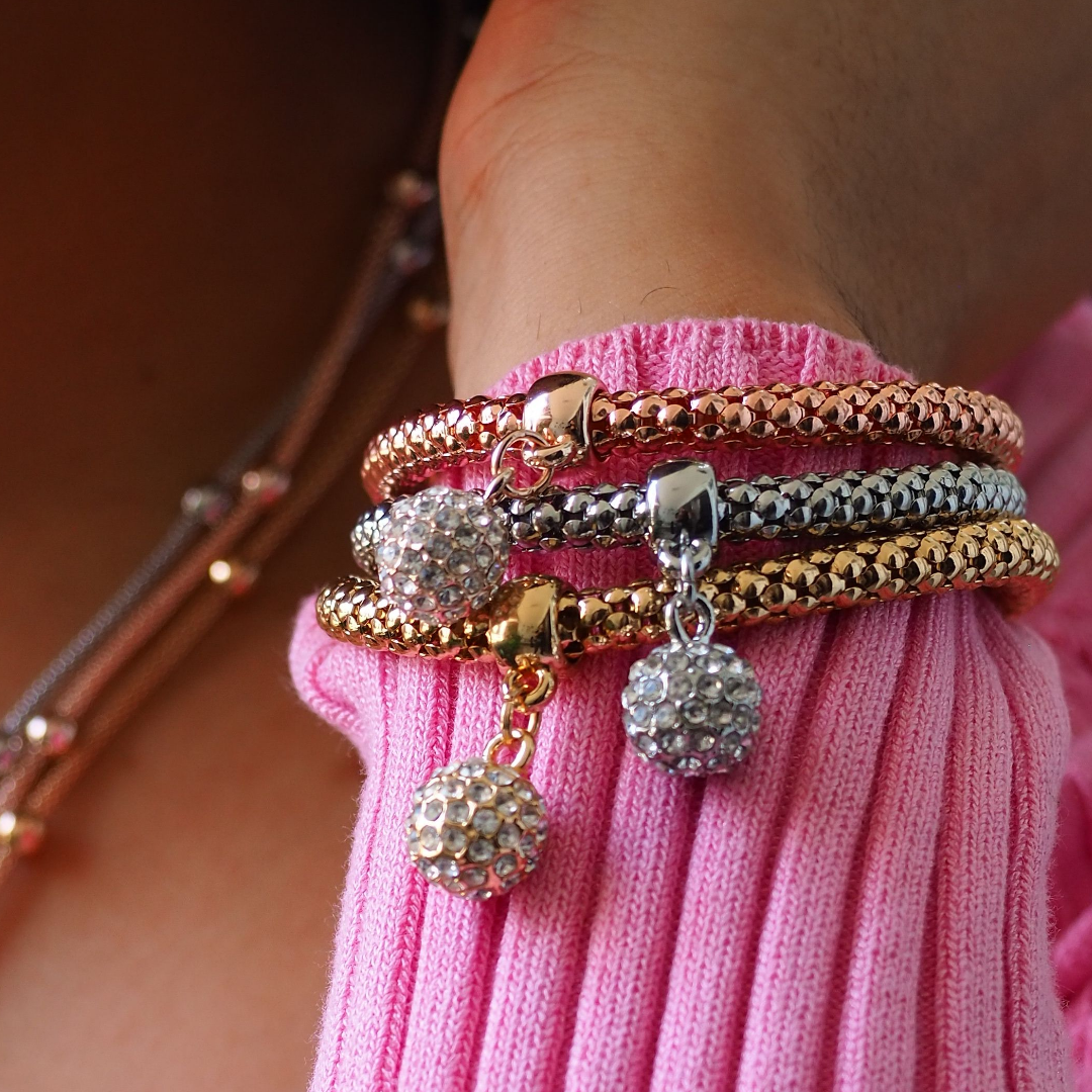 Set of Sparkling Charm Bracelets – Gold, Rose Gold, and Silver Elegance