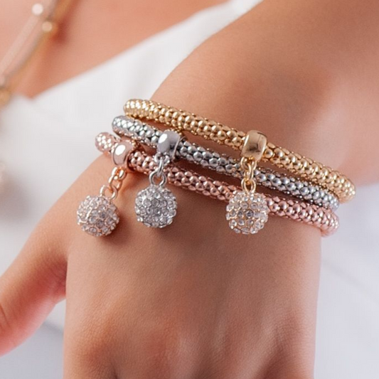 Set of Sparkling Charm Bracelets – Gold, Rose Gold, and Silver Elegance